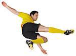 Football player in yellow kicking on white background