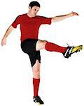 Football player in red kicking on white background