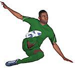 Football player in green kicking on white background