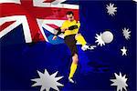 Football player in yellow kicking against digitally generated australian national flag