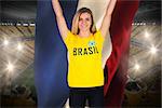 Excited football fan in brasil tshirt holding netherlands flag against vast football stadium with fans in yellow