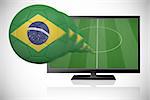 Football in brasil colours flying out of tv against white background with vignette