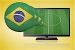 Football in brasil colours flying out of tv against yellow vignette