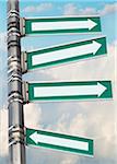 Arrow signs on a pole, showing different directions against sky