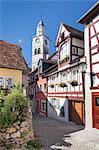 Street in the old town with St. Nikolaus Minster, Uberlingen, Lake Constance (Bodensee), Baden Wurttemberg, Germany, Europe