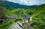 Tourists hill climbing on nature trail in lakeland countryside at Easedale in the Lake District National Park, Cumbria, UK