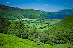 View of Derwent Fells in the Cumbrian mountains across Derwent Water in the Lake District National Park, Cumbria, UK