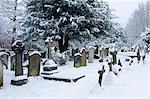 Snow-covered gravestones in Hampstead Parish Graveyard in Church Row and Holly Place in Hampstead, North London, UK