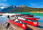 Red canoes for hire on Lake Louise, Banff National Park, UNESCO World Heritage Site, Alberta, The Rockies, Canada, North America