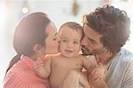 Parents kissing baby boy's cheeks