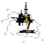 Oil derrick crane from which the drip drop of oil on a background of abstract oil slick. Illustration on white background.