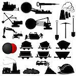 Set of badges and Coal mining industry machinery. Illustration on white background.