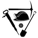 Miners helmet and tools for coal mining. Illustration on white background.