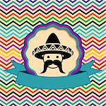 Mexican in sombrero label on ethnic zigzag background
