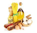 Pasta and ingredients. Isolated on white background