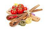 Pasta, tomatoes and spices. Isolated on white background