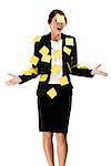 Business woman with yellow paper notes all over the body, isolated over a white background