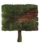 Wooden sign covered in moss isolated on white. Wood sign Design element. Clipping path