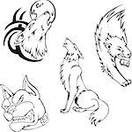 Tattoos - wolves and dog. Set of black and white vector images.