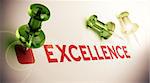 Word Excellence with a green pushpin, light effect and focus on the main thumbtack, paper background. concept of excelling