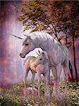 A white unicorn doe and fawn spend their peaceful time together in the magical forest.