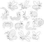 Collections of cartoony insects, black and white outline illustrations on a white background