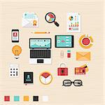 Vector collection of modern trendy flat business and office icons on table.