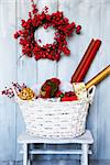 Photo of basket with christmas decorations