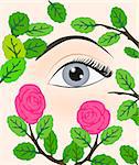 An eye peeking out through a rose bush.