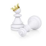 White defeated chess king is near pawns with gold crown. Isolated on background