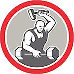 Illustration of a blacksmith striking at barbell with sledgehammer set inside circle on isolated background done in retro style.