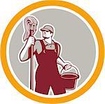 Illustration of a janitor cleaner worker holding mop and water bucket pail viewed from front set inside circle on isolated background done in retro style.