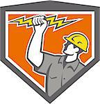 Illustration of an electrician construction worker wield holding a lightning bolt set inside shield crest done in retro style on isolated white background.