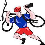 Illustration of a cyclist bicycle carry carrying mountain bike on shoulder running  set inside shield crest shape on isolated background done in cartoon style.
