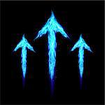 Three blue fire arrows directed upward. Illustration on black background