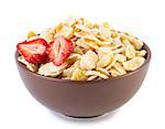 Corneflakes with strawberries on bowl isolated on white background