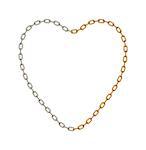 Half of chain in silver and half of chain in golden colour in shape of heart on white background