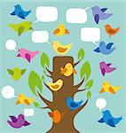 Vector card with birds and speech bubbles and tree