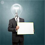 Lamp Head business man holding empty write board in his hands