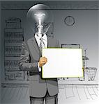 Idea concept. Vector lamp head business man holding empty write board in his hands