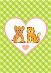 Illustration of cat and dog in tartan background