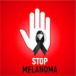 Stop Melanoma sign.  White hand with black ribbon on red background