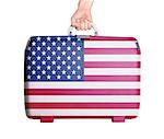 Used plastic suitcase with stains and scratches, printed with flag, United States of America