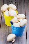 Big Raw Champignons in Blue and Yellow Buckets isolated on Rustic Wooden background