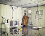 ordinary life in the flooded flat. 3d concept