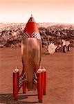 Stylized illustration of a retro rocket on the surface of Mars