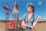 Rocket scientist standing by her retro space rocket