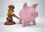 Gavel and piggy bank. The gray background