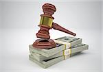 Gavel and wads money. The gray background