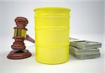 Gavel, wads money and barrel of gas. The gray background